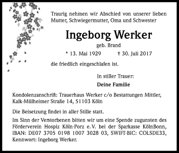 Anzeige von Ingeborg Werker von Kölner Stadt-Anzeiger / Kölnische Rundschau / Express
