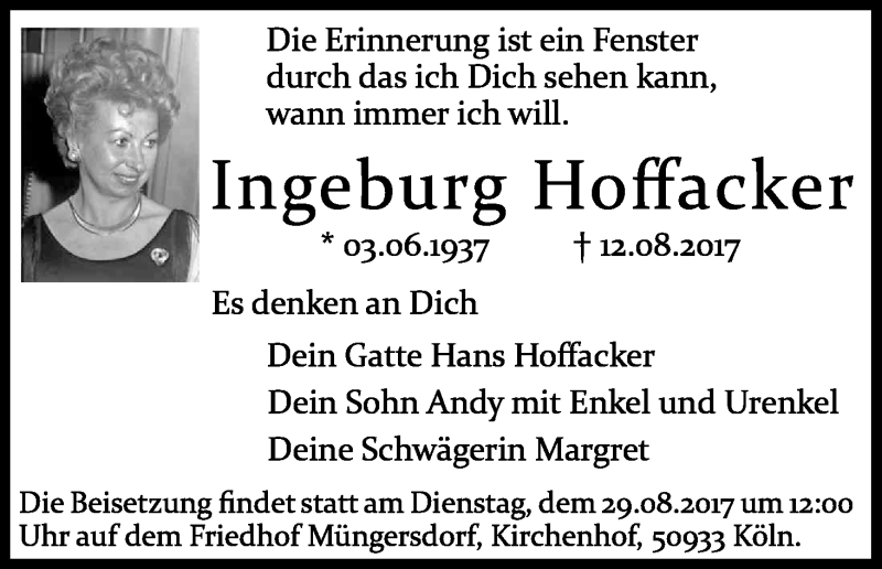  Traueranzeige für Ingeburg Hoffacker vom 29.08.2017 aus Kölner Stadt-Anzeiger / Kölnische Rundschau / Express