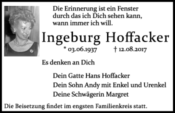Anzeige von Ingeburg Hoffacker von Kölner Stadt-Anzeiger / Kölnische Rundschau / Express