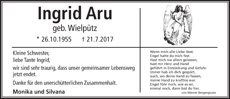  Traueranzeige für Ingrid Aru vom 02.08.2017 aus  Bergisches Handelsblatt 
