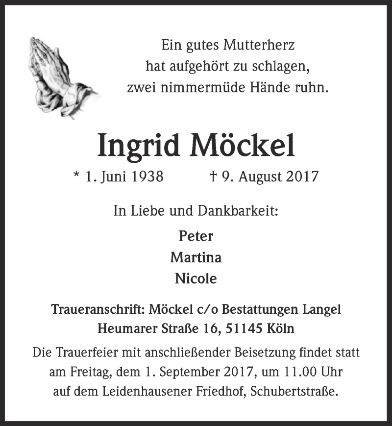  Traueranzeige für Ingrid Möckel vom 23.08.2017 aus  Kölner Wochenspiegel 