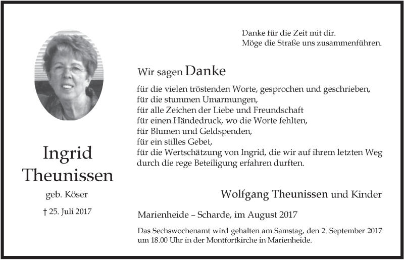  Traueranzeige für Ingrid Theunissen vom 30.08.2017 aus  Anzeigen Echo 