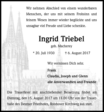 Anzeige von Ingrid Triebel von Kölner Stadt-Anzeiger / Kölnische Rundschau / Express
