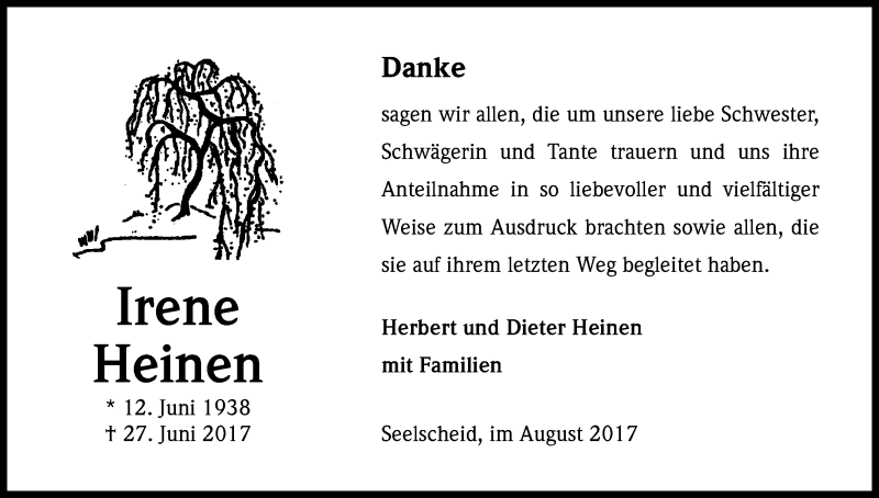  Traueranzeige für Irene Heinen vom 23.08.2017 aus Kölner Stadt-Anzeiger / Kölnische Rundschau / Express