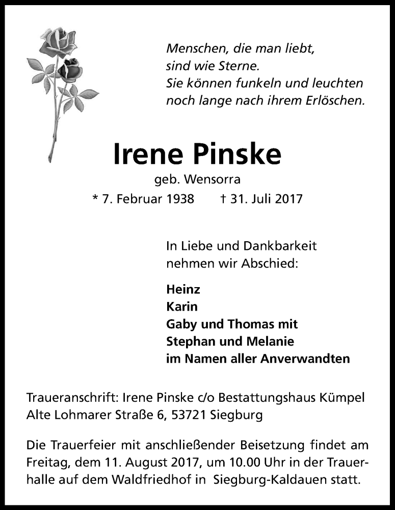  Traueranzeige für Irene Pinske vom 09.08.2017 aus Kölner Stadt-Anzeiger / Kölnische Rundschau / Express