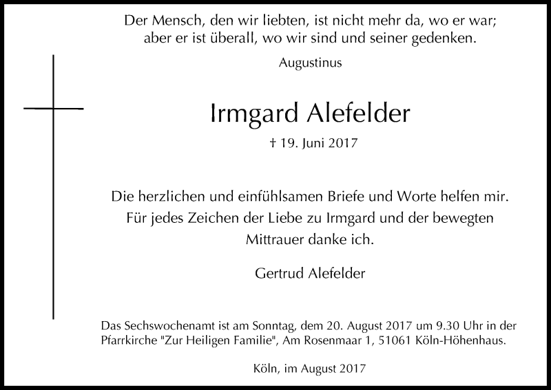  Traueranzeige für Irmgard Alefelder vom 12.08.2017 aus Kölner Stadt-Anzeiger / Kölnische Rundschau / Express