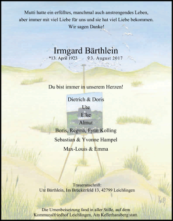Anzeige von Irmgard Bärthlein von Kölner Stadt-Anzeiger / Kölnische Rundschau / Express
