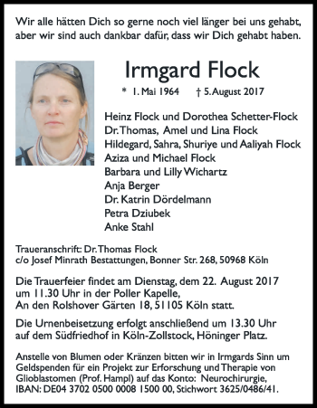 Anzeige von Irmgard Flock von Kölner Stadt-Anzeiger / Kölnische Rundschau / Express