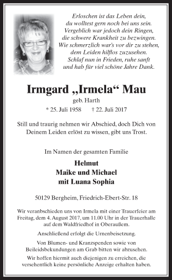 Anzeige von Irmgard  Mau von  Werbepost 