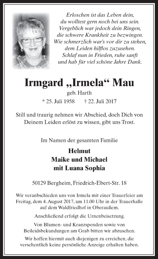  Traueranzeige für Irmgard  Mau vom 02.08.2017 aus  Werbepost 