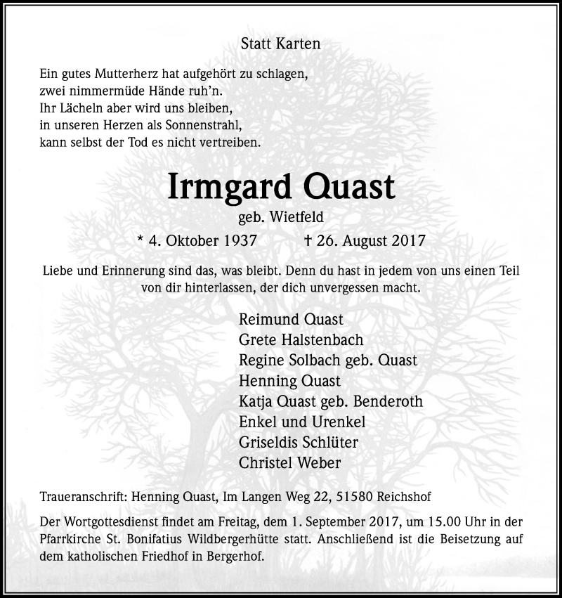  Traueranzeige für Irmgard Quast vom 29.08.2017 aus Kölner Stadt-Anzeiger / Kölnische Rundschau / Express