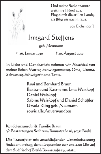 Anzeige von Irmgard Steffens von  Schlossbote/Werbekurier 