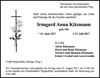 Anzeige von Irmgard Anna Kitzmann von Kölner Stadt-Anzeiger / Kölnische Rundschau / Express