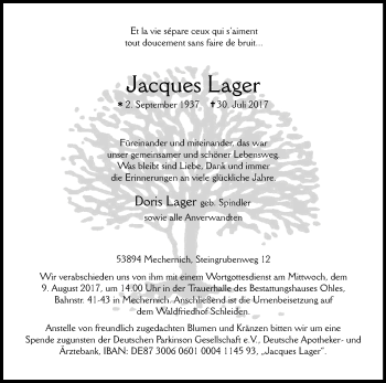 Anzeige von Jacques Lager von Kölner Stadt-Anzeiger / Kölnische Rundschau / Express