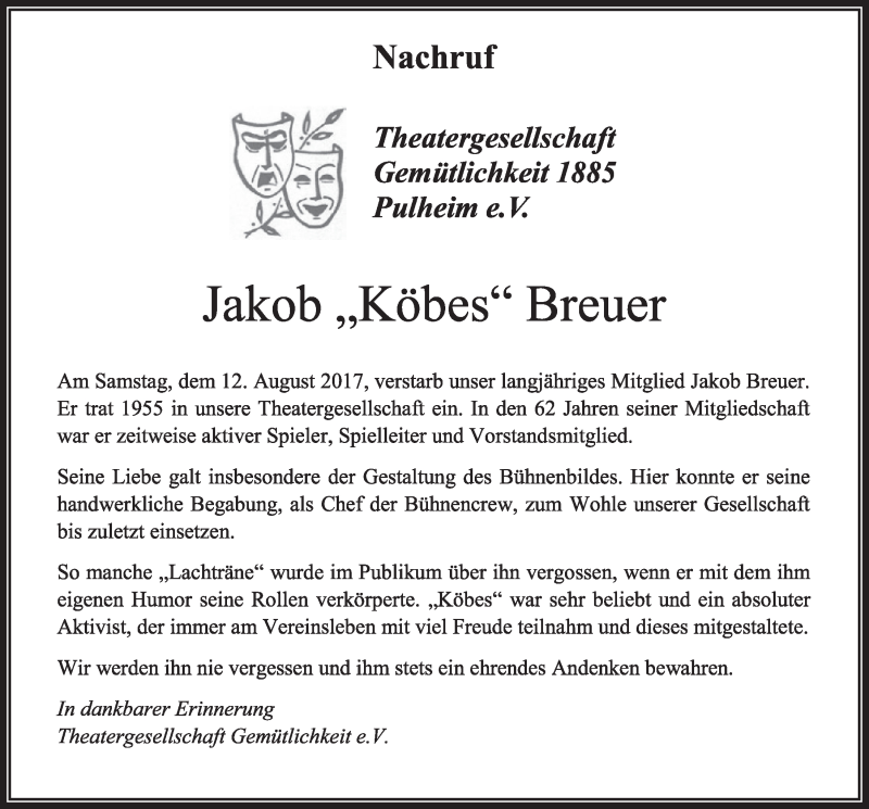  Traueranzeige für Jakob Breuer vom 19.08.2017 aus  Sonntags-Post 