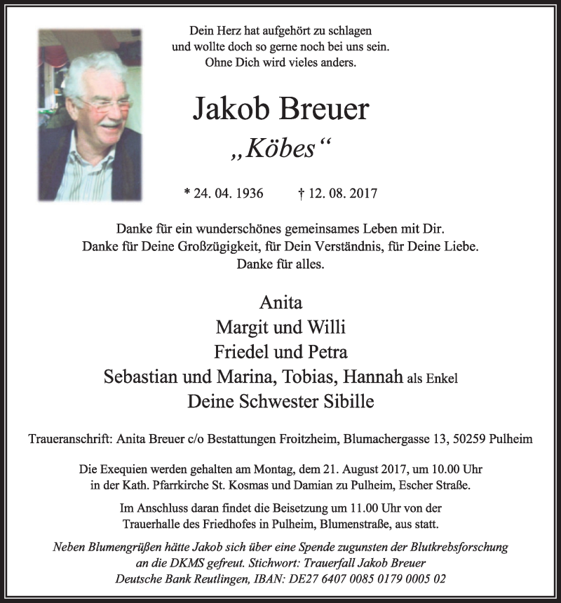  Traueranzeige für Jakob Breuer vom 19.08.2017 aus  Sonntags-Post 