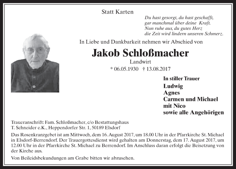  Traueranzeige für Jakob Schloßmacher vom 16.08.2017 aus  Werbepost 