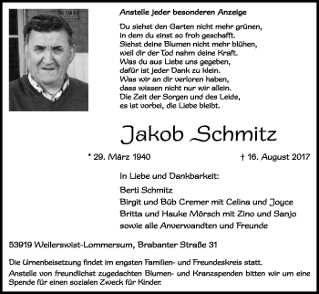 Anzeige von Jakob Schmitz von Kölner Stadt-Anzeiger / Kölnische Rundschau / Express