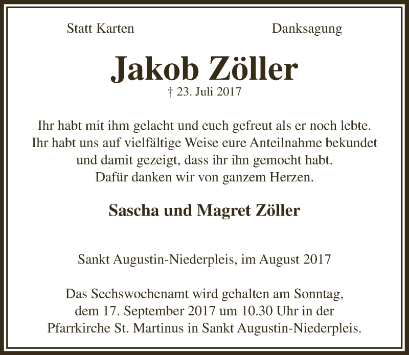  Traueranzeige für Jakob Zöller vom 30.08.2017 aus  Extra Blatt 