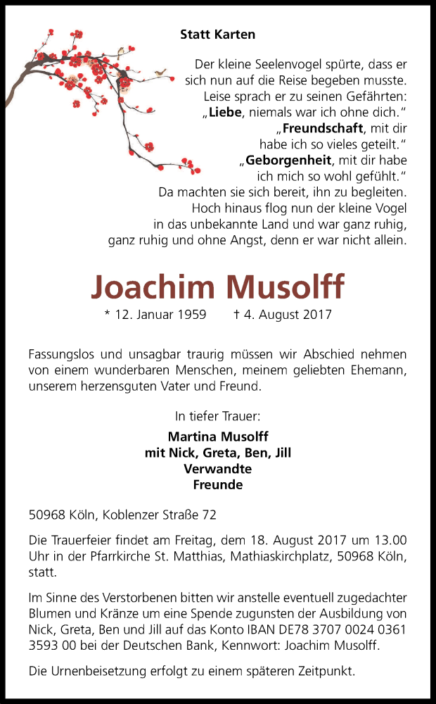  Traueranzeige für Joachim Musolff vom 12.08.2017 aus Kölner Stadt-Anzeiger / Kölnische Rundschau / Express