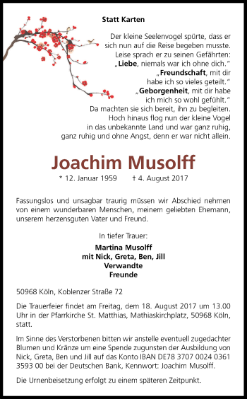 Anzeige von Joachim Musolff von Kölner Stadt-Anzeiger / Kölnische Rundschau / Express