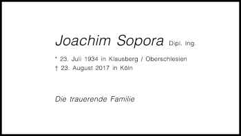 Anzeige von Joachim Sopora von Kölner Stadt-Anzeiger / Kölnische Rundschau / Express