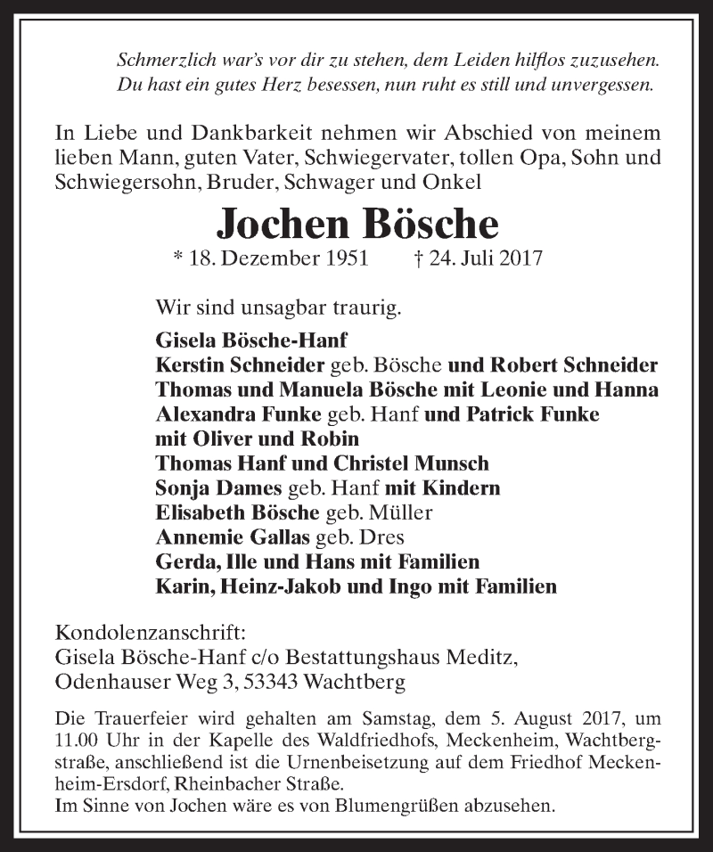  Traueranzeige für Jochen Bösche vom 02.08.2017 aus  Schaufenster/Blickpunkt 