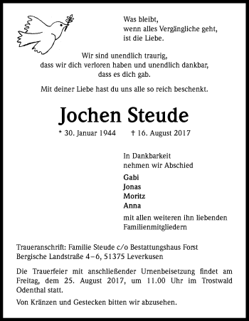 Anzeige von Jochen Steude von Kölner Stadt-Anzeiger / Kölnische Rundschau / Express