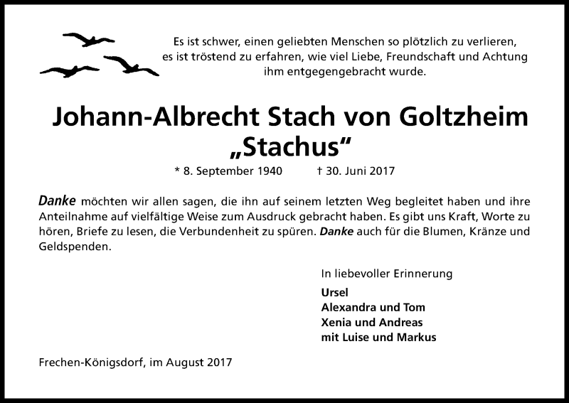  Traueranzeige für Johann-Albrecht Stach von Goltzheim vom 26.08.2017 aus Kölner Stadt-Anzeiger / Kölnische Rundschau / Express