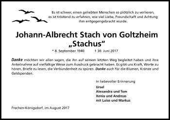 Anzeige von Johann-Albrecht Stach von Goltzheim von Kölner Stadt-Anzeiger / Kölnische Rundschau / Express