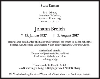 Anzeige von Johann Broich von  Sonntags-Post 