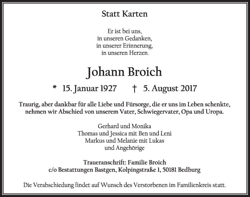  Traueranzeige für Johann Broich vom 12.08.2017 aus  Sonntags-Post 