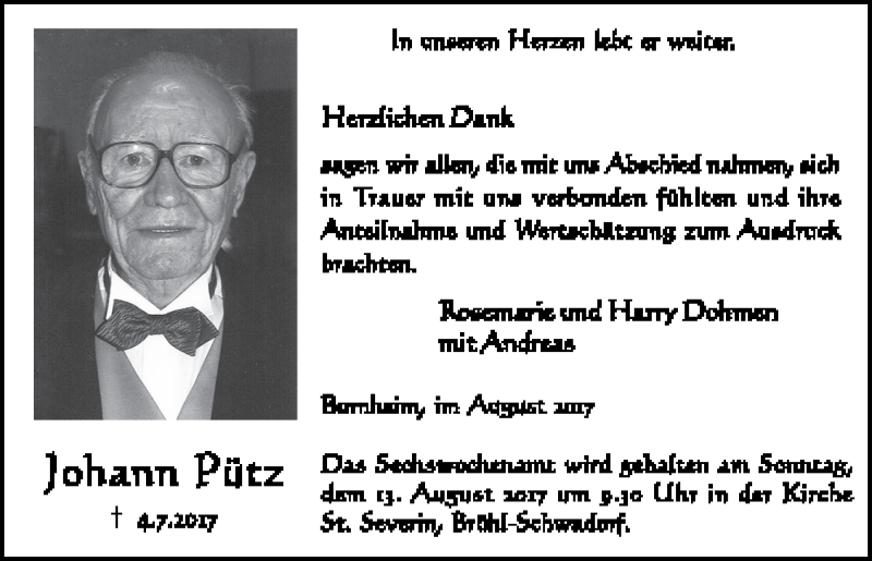  Traueranzeige für Johann Pütz vom 09.08.2017 aus  Schlossbote/Werbekurier 