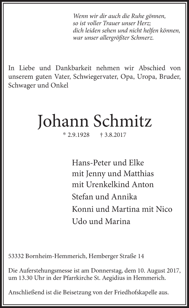  Traueranzeige für Johann Schmitz vom 09.08.2017 aus  Schlossbote/Werbekurier 
