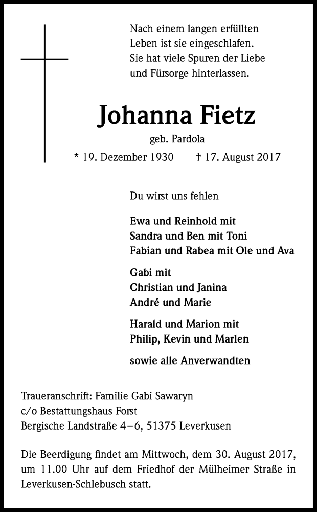  Traueranzeige für Johanna Fietz vom 26.08.2017 aus Kölner Stadt-Anzeiger / Kölnische Rundschau / Express