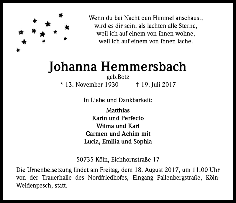  Traueranzeige für Johanna Hemmersbach vom 12.08.2017 aus Kölner Stadt-Anzeiger / Kölnische Rundschau / Express