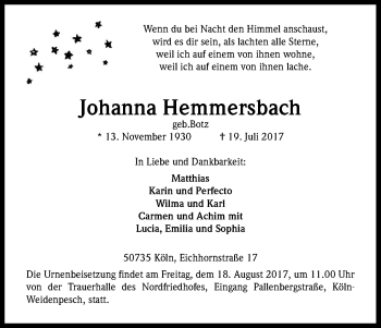Anzeige von Johanna Hemmersbach von Kölner Stadt-Anzeiger / Kölnische Rundschau / Express