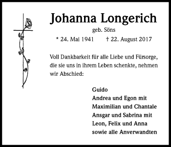 Anzeige von Johanna Longerich von Kölner Stadt-Anzeiger / Kölnische Rundschau / Express