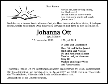 Anzeige von Johanna Ott von Kölner Stadt-Anzeiger / Kölnische Rundschau / Express