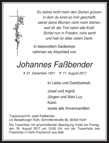 Anzeige von Johannes Faßbender von  Wochenende 