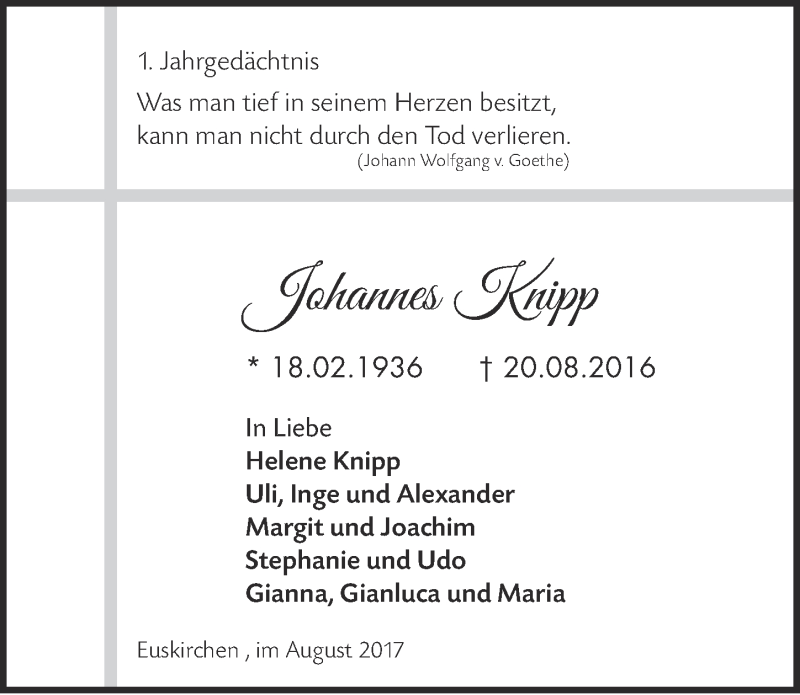  Traueranzeige für Johannes Knipp vom 19.08.2017 aus  Blickpunkt Euskirchen 