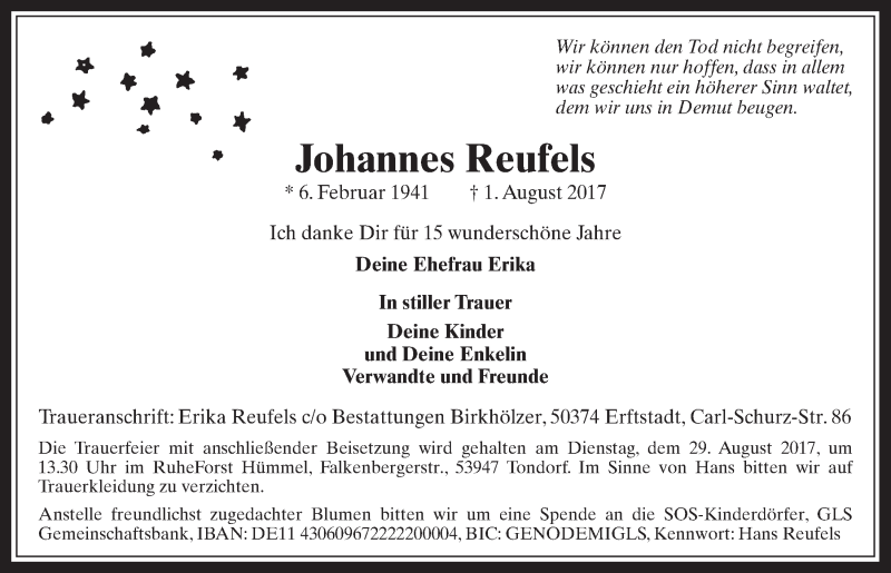  Traueranzeige für Johannes Reufels vom 16.08.2017 aus  Werbepost 