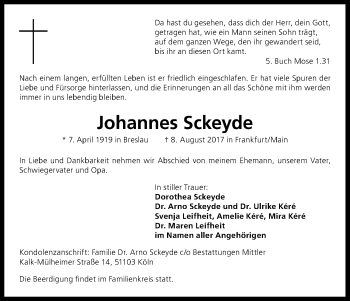 Anzeige von Johannes Sckeyde von Kölner Stadt-Anzeiger / Kölnische Rundschau / Express