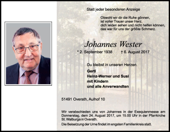 Anzeige von Johannes Wester von Kölner Stadt-Anzeiger / Kölnische Rundschau / Express