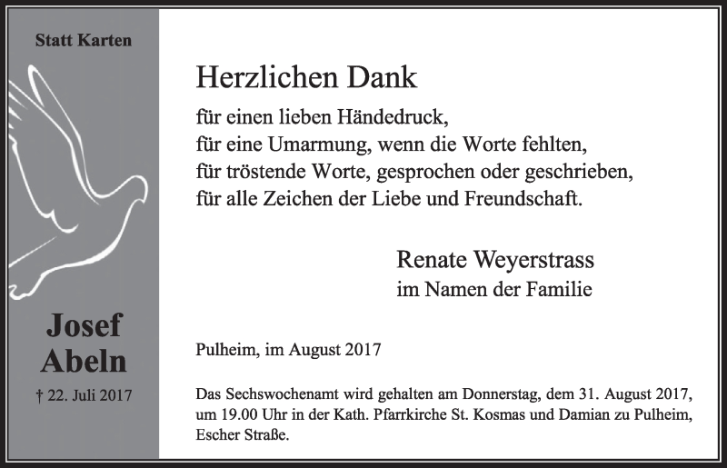  Traueranzeige für Josef Abeln vom 19.08.2017 aus  Sonntags-Post 