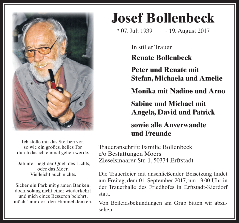  Traueranzeige für Josef Bollenbeck vom 30.08.2017 aus  Werbepost 