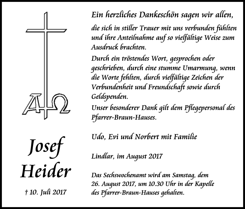  Traueranzeige für Josef Heider vom 19.08.2017 aus Kölner Stadt-Anzeiger / Kölnische Rundschau / Express