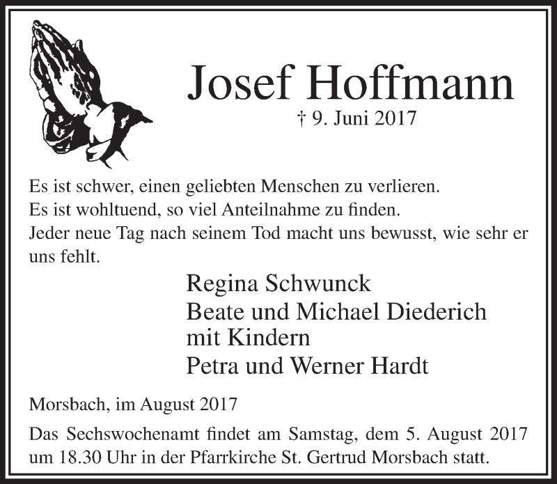  Traueranzeige für Josef Hoffmann vom 02.08.2017 aus  Lokalanzeiger 