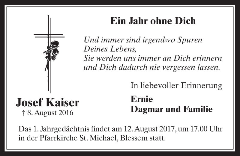  Traueranzeige für Josef Kaiser vom 09.08.2017 aus  Werbepost 