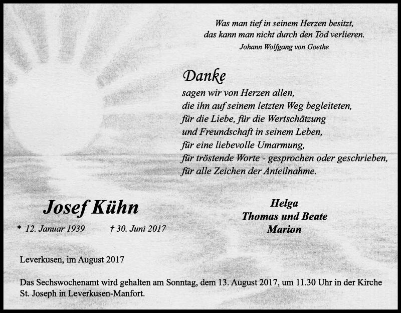  Traueranzeige für Josef Kühn vom 09.08.2017 aus Kölner Stadt-Anzeiger / Kölnische Rundschau / Express